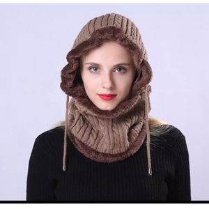 New Winter Unisex Knit Hoodies Scarf With Fur Hats, light brown